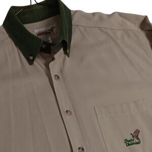 Ducks Unlimited Vintage Shirt Mens XL Tan/Green Oxford Logo Elbow Patch Shooting